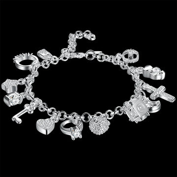 Fashion 925 Sterling Silver Bracelet for Woman Pretty Heart Zircon Pendant Chain Wedding Party Gifts Classic Jewelry 20CM 8inch 20cm 8inches