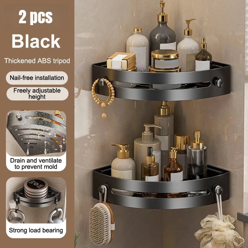 No Drill Corner Shower Shelf with Drainage and Hanging Storage 2 pcs black