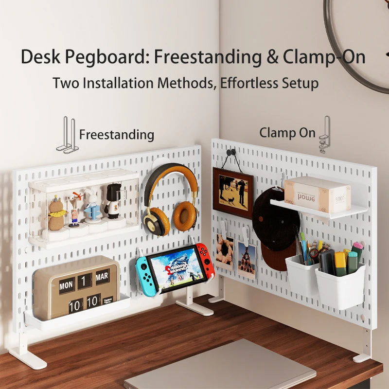 Home Storage Pegboard – 2 Mounting Options (Stand or Clamp-On), Perfect for Desk Organization of Stationery/Daily Items