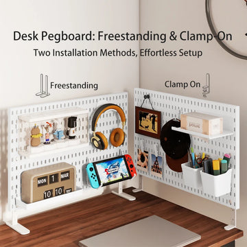 Home Storage Pegboard – 2 Mounting Options (Stand or Clamp-On), Perfect for Desk Organization of Stationery/Daily Items
