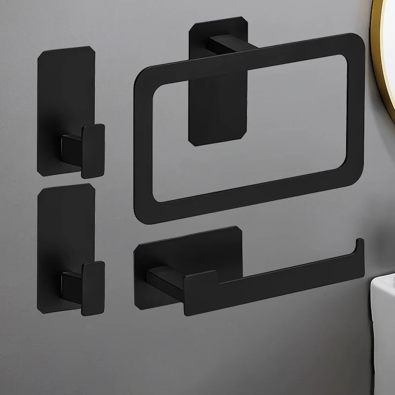 No Drilling Matte Black Bright Sliver Stainless Steel Towel Bar Towel Ring Roll Paper Holder Robe Hook Bathroom Accessories Set Black 4pcs Set C