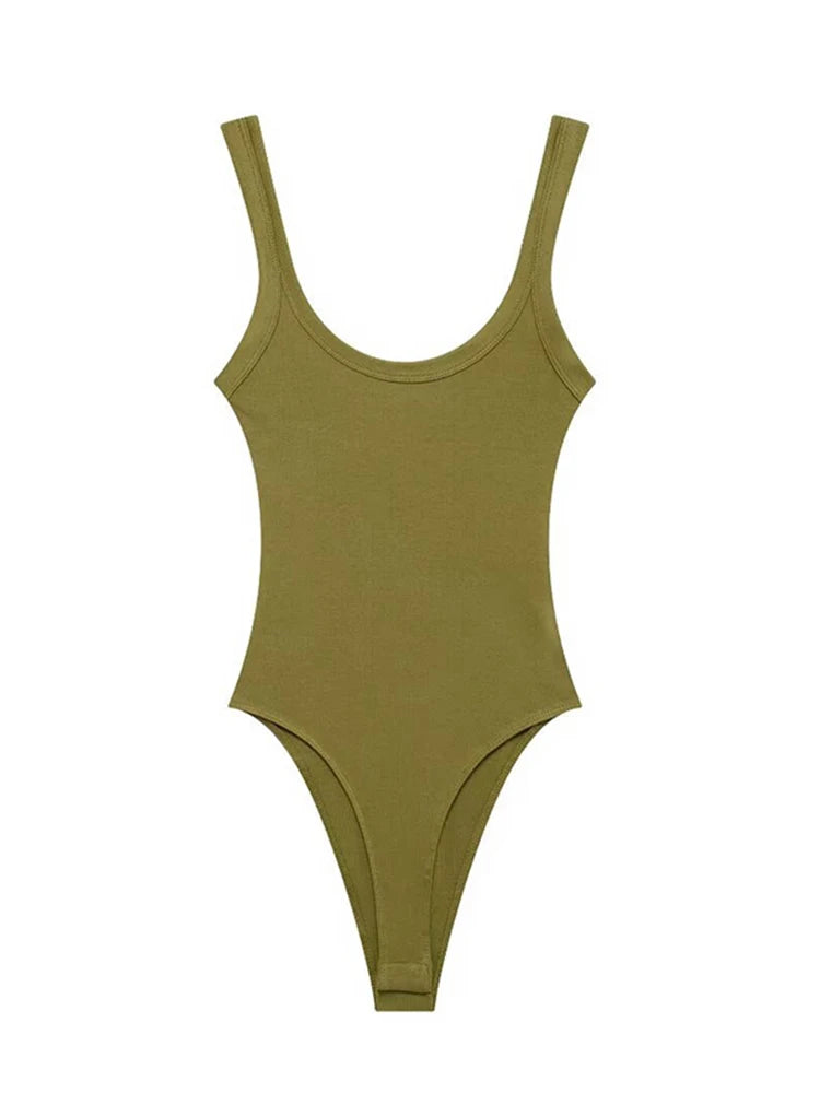 Women's Skinny Ribbed O-Neck Bodysuits with Straps Snap-Button Sexy Fashion Playsuits Comfortable Stretchy Female Clothing Olive green