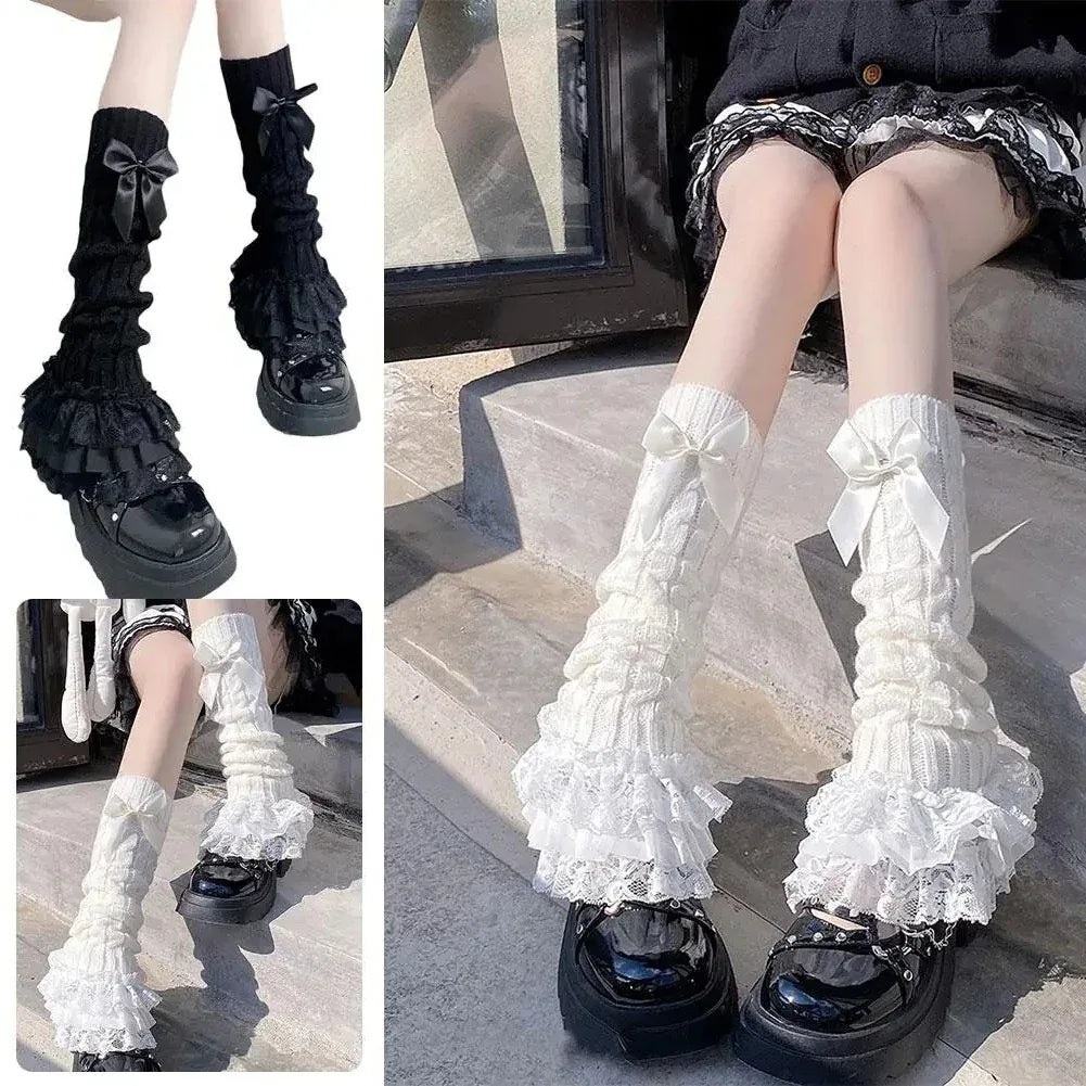 Lolita Bow Leg Warmers – Ruffle Lace Knit Calf Socks Women