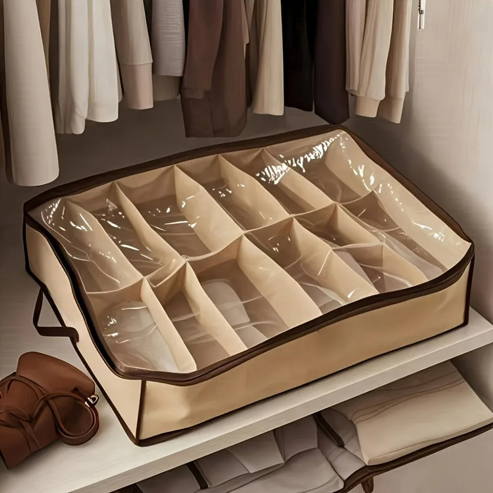 Twelve Compartment Under Bed Shoe Organiser With Clear Cover