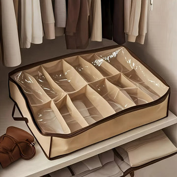Twelve Compartment Under Bed Shoe Organiser With Clear Cover