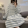 Ladies Nightwear Nightdress Autumn and Winter Coral Velvet Long Sleeve Plaid Dress Striped Student Flannel Dress Large Size Gray6