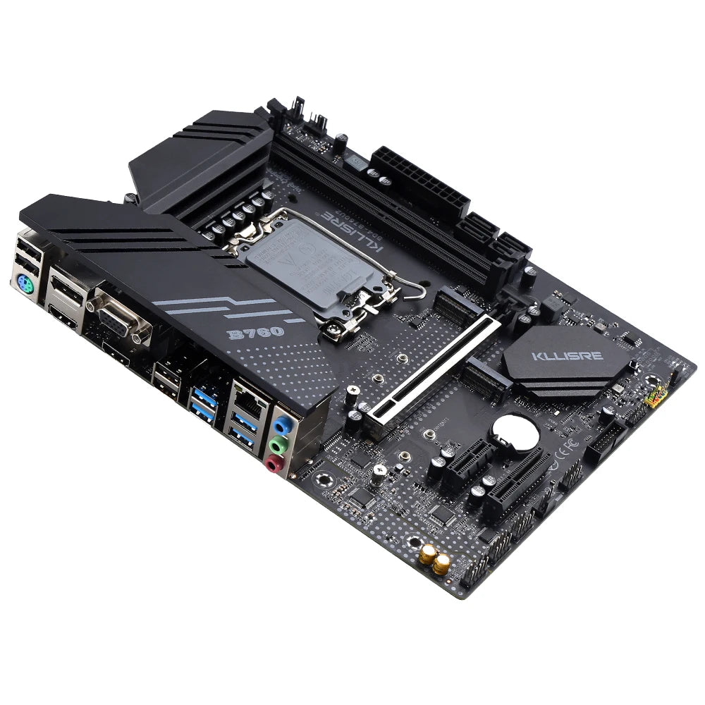 Kllisre B760 LGA 1700 motherboard for Intel 12th and 13th Gen CPUs with dual DDR4 slots, PCIe 4.0, M.2 NVMe, USB 3.2, and Gigabit LAN.