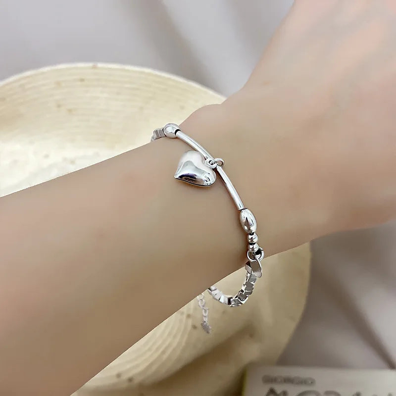 VENTFILLE 925 Sterling Silver Double Love Heart Hollow Round Beads Bracelet Female Fashion Romantic Jewelry Classic Adjustable BTSP1274