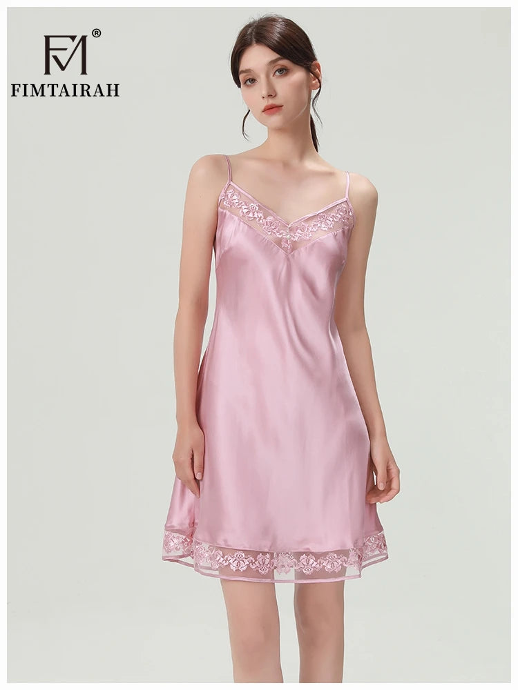 FIMTAIRAH 100% Silk Pajamas Women's Summer Nightgown Dress Summer Home Wear Lace