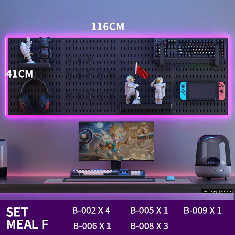 Wall Mounted Desk Pegboard Storage for Gaming Accessories Black SET F