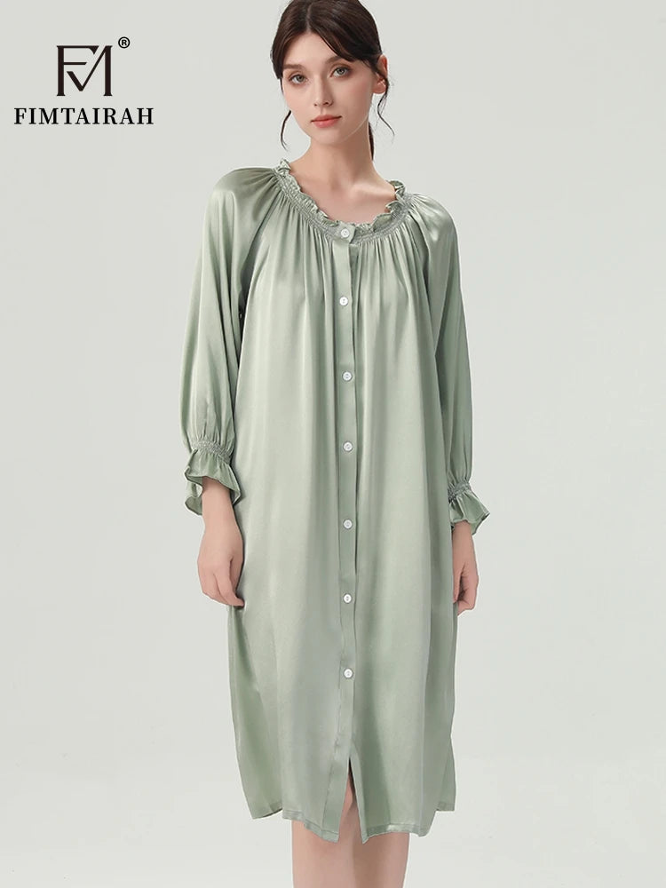 FIMTAIRAH 6A 22MM 100% Silk Nightdress Real Silk Nightgown Women long plus large size Sleepwear Pajamas robe Fimtairah 02
