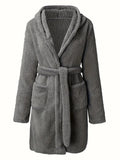 1 piece of women's solid color hooded robe with belt, cozy and warm fleece pajamas for home wear in autumn and winter.