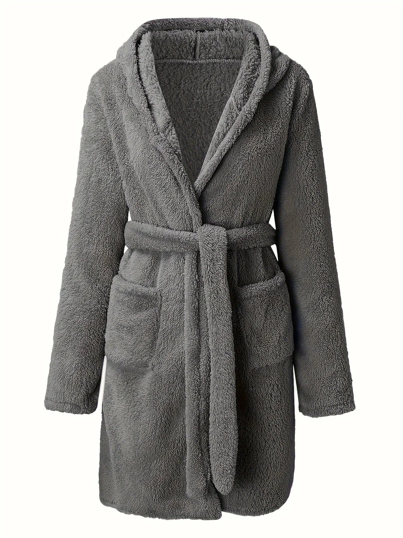 1 piece of women's solid color hooded robe with belt, cozy and warm fleece pajamas for home wear in autumn and winter.