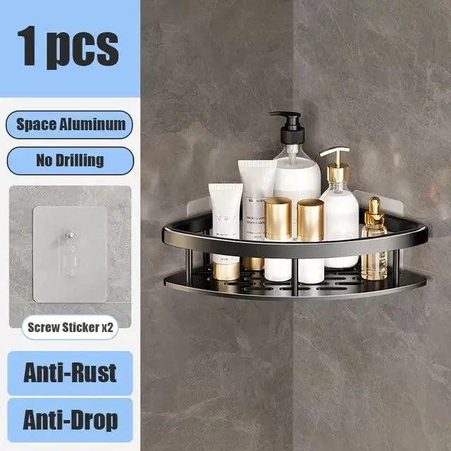 Bathroom Shelf No Drill Wall Mounted Shampoo Bottle Shower Corner Rack Toilet Storage Rack Aluminum Bathroom Kitchen Accessories blcak Triangle 1pc