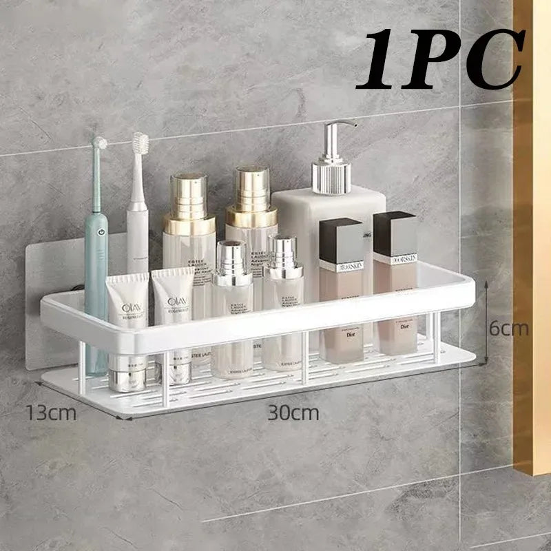 2PCS Bathroom Shelf Kitchen Storage Organizer Aluminum Alloy Shampoo Rack Shower Shelf Bathroom Accessories No Drill Shelf StyleA-White-1PC