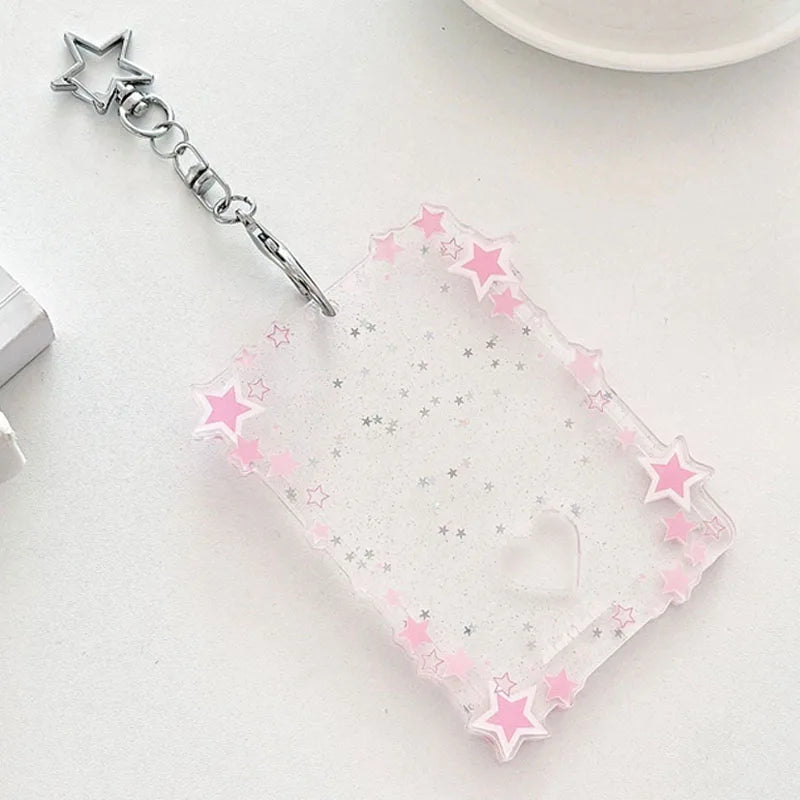 Kpop Photocard Holder with Star Border and Bag Charm Clip Pink