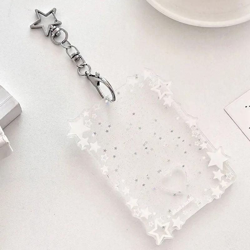 Kpop Photocard Holder with Star Border and Bag Charm Clip White