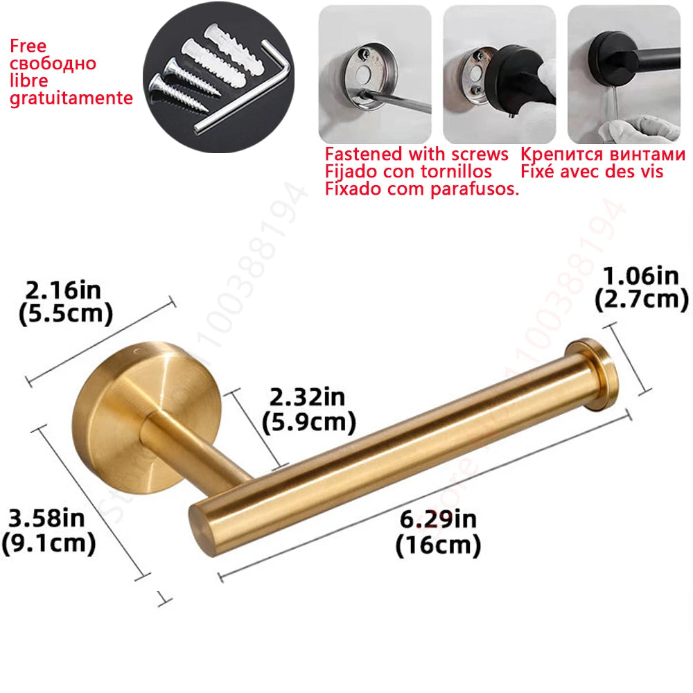 Stainless Steel Wall Mounted Toilet Roll Holder and Hooks screw fixing gold