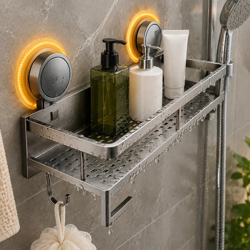 Aluminium Suction Cup Bathroom Shelf with Drainage Base