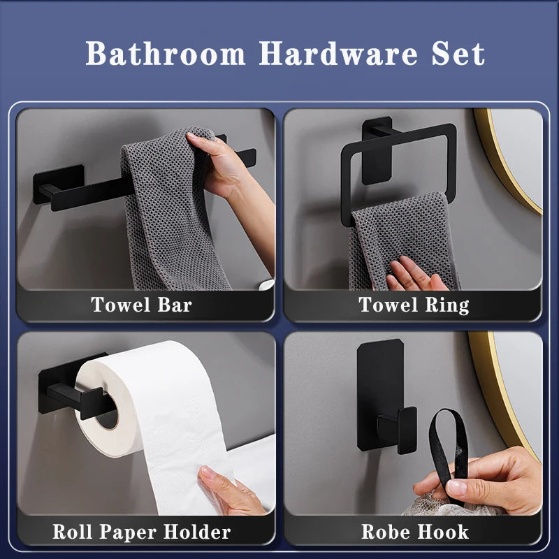 No Drilling Matte Black Bright Sliver Stainless Steel Towel Bar Towel Ring Roll Paper Holder Robe Hook Bathroom Accessories Set