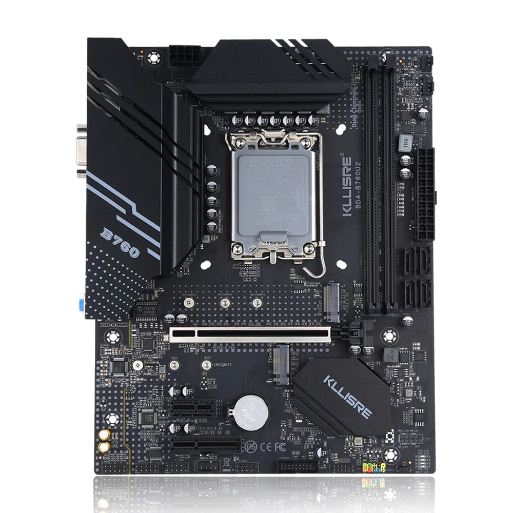 Kllisre B760 LGA 1700 motherboard for Intel 12th and 13th Gen CPUs with dual DDR4 slots, PCIe 4.0, M.2 NVMe, USB 3.2, and Gigabit LAN.
