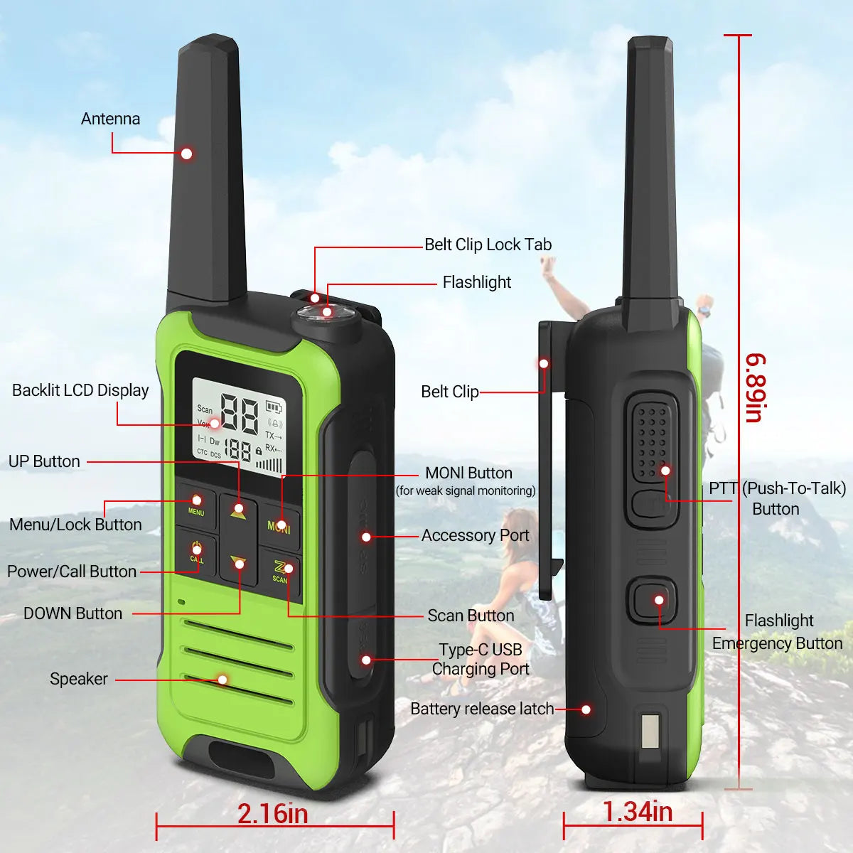 2pcs Baofeng F22 Mini Walkie Talkies - Long Range, Waterproof, Rechargeable, Kids Two-Way Radio with Type-C Charging for Camping & Outdoor Adventures - Dicrodelights