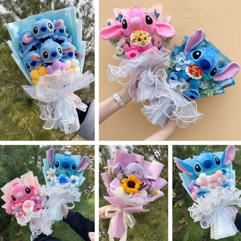 Stitch-Inspired Plush Bouquet Doll – Handmade Stuffed Toy with Flowers, Romantic Gift for Valentine’s, Graduation & Christmas