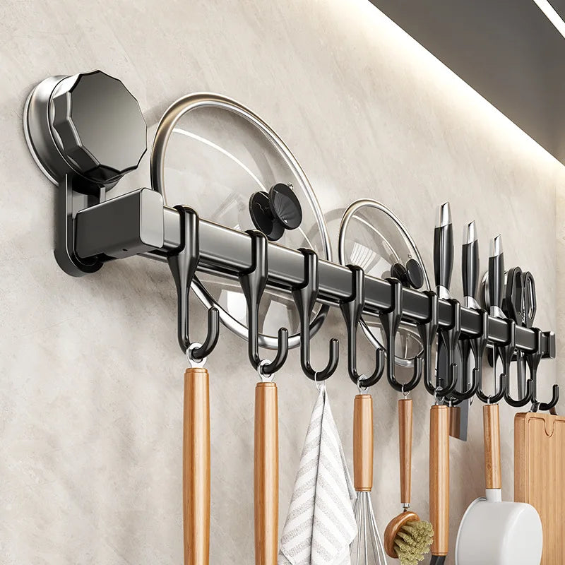 Aluminum Kitchen Organizer Hook Wall Mounted Double Pole Spatula Storage Rack 50/60/40/30cm Non Punching Pot Lid Rack