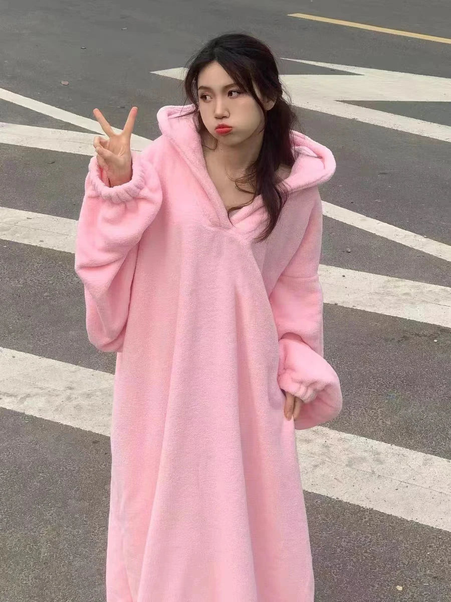 Ins Winter Thiened Coral Fce Pajamas Women's Spwear Hooded Fluffy Warm Nightgown Robe Long Sve Mid-Length Home Clo...