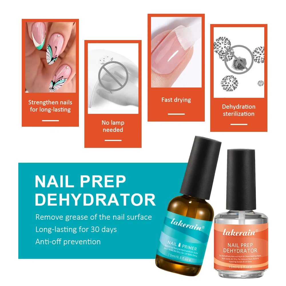 2Pcs 15ml Nail Primer Fast Air Dry Prep Dehydrator For Nail Soak Off Base Primer Gel First Nails Gel for Manicure Tools 1 set