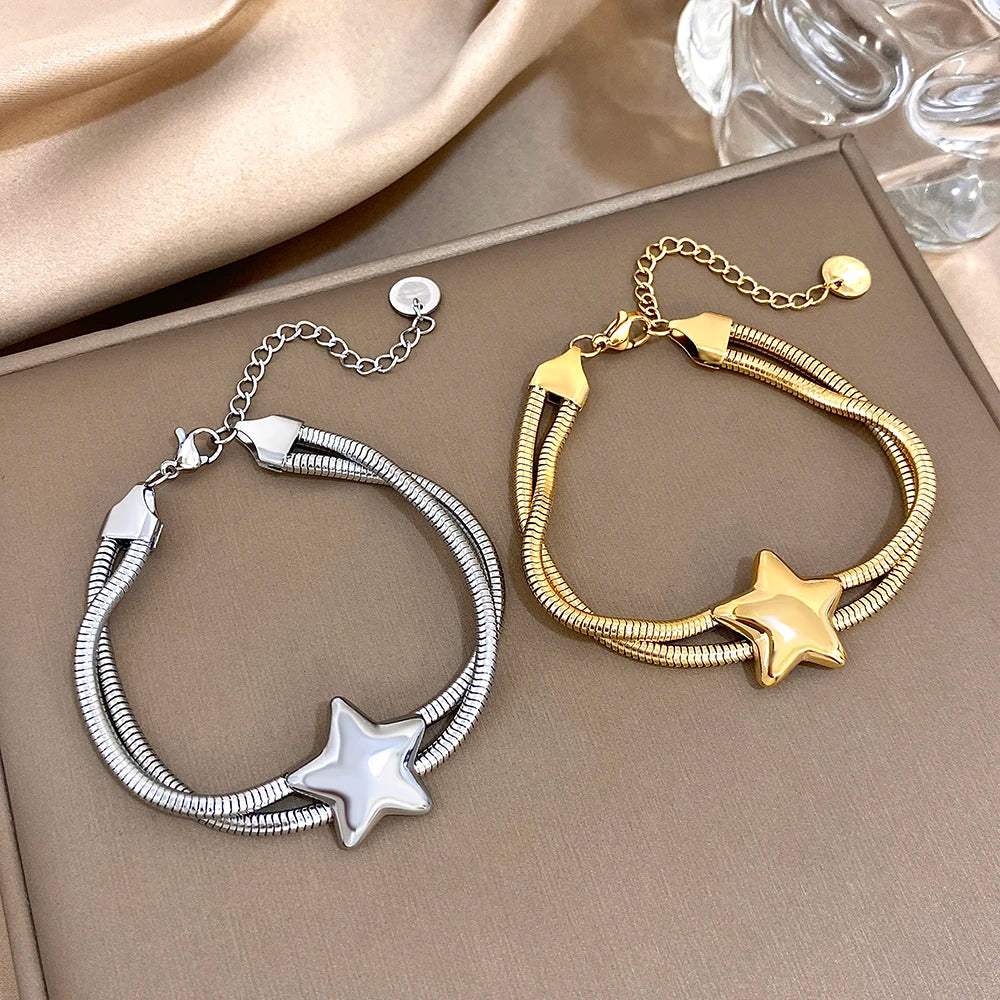 Vintage Doubelayer Stainless Steel Elastic Bracelet Glossy Star Gold Silver Color Chunky Chain Bracelets Waterproof Jewelry gold