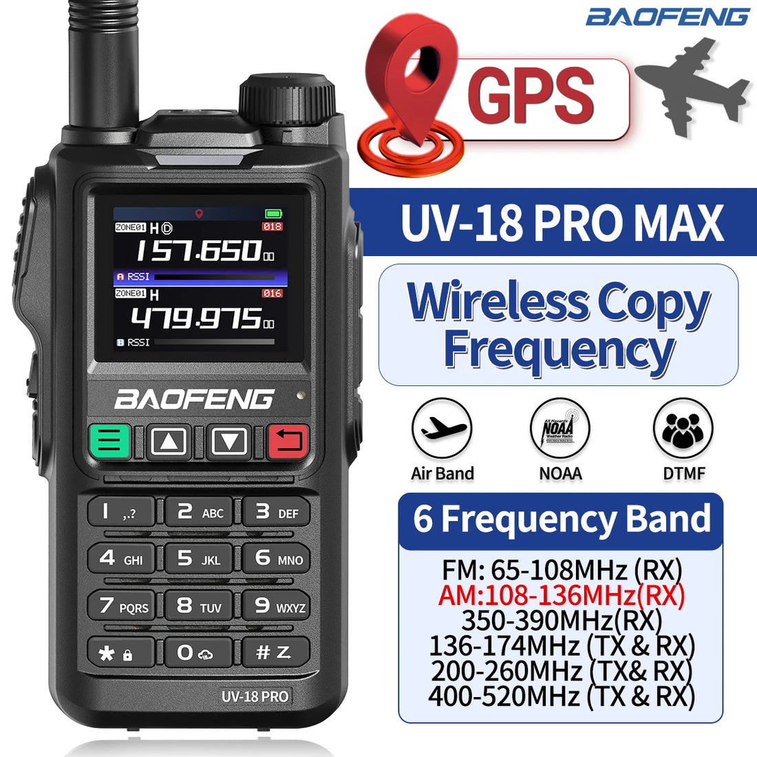 Baofeng UV18 PRO MAX GPS Walkie Talkie, 10W, Long Range, Type-C, Six-Band, Wireless Frequency, Ham Radio for Hunting - Dicrodelights