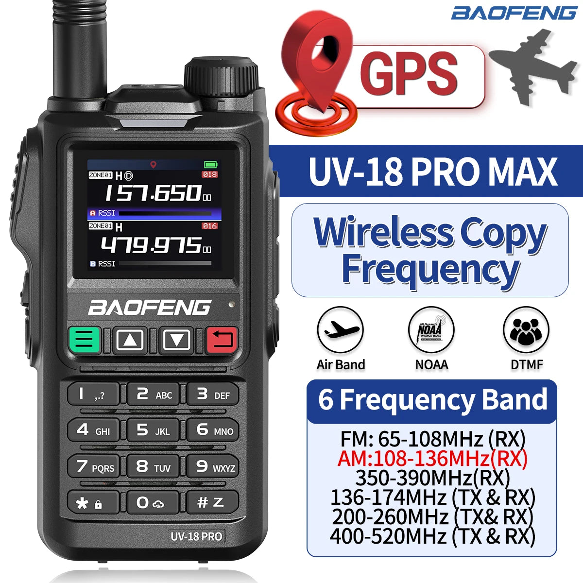 Baofeng UV18 PRO MAX GPS Walkie Talkie, 10W, Long Range, Type-C, Six-Band, Wireless Frequency, Ham Radio for Hunting - Dicrodelights