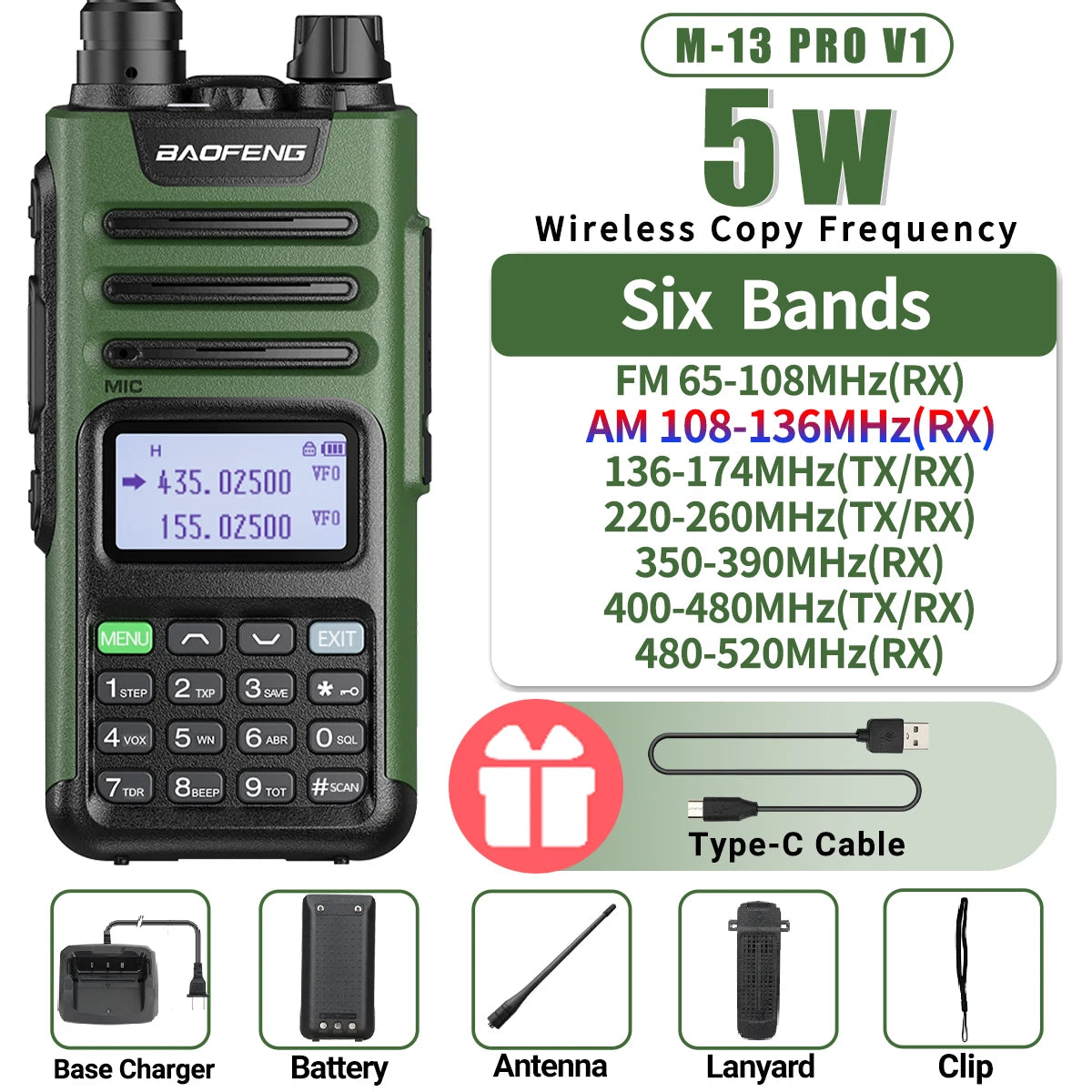 BaoFeng M-13 PRO V1 V2 High Power Multi Band Walkie Talkie Type-C Charger Long Range Upgraded UV-13 PRO V1 V2 Ham Two Way Radio - Dicrodelights