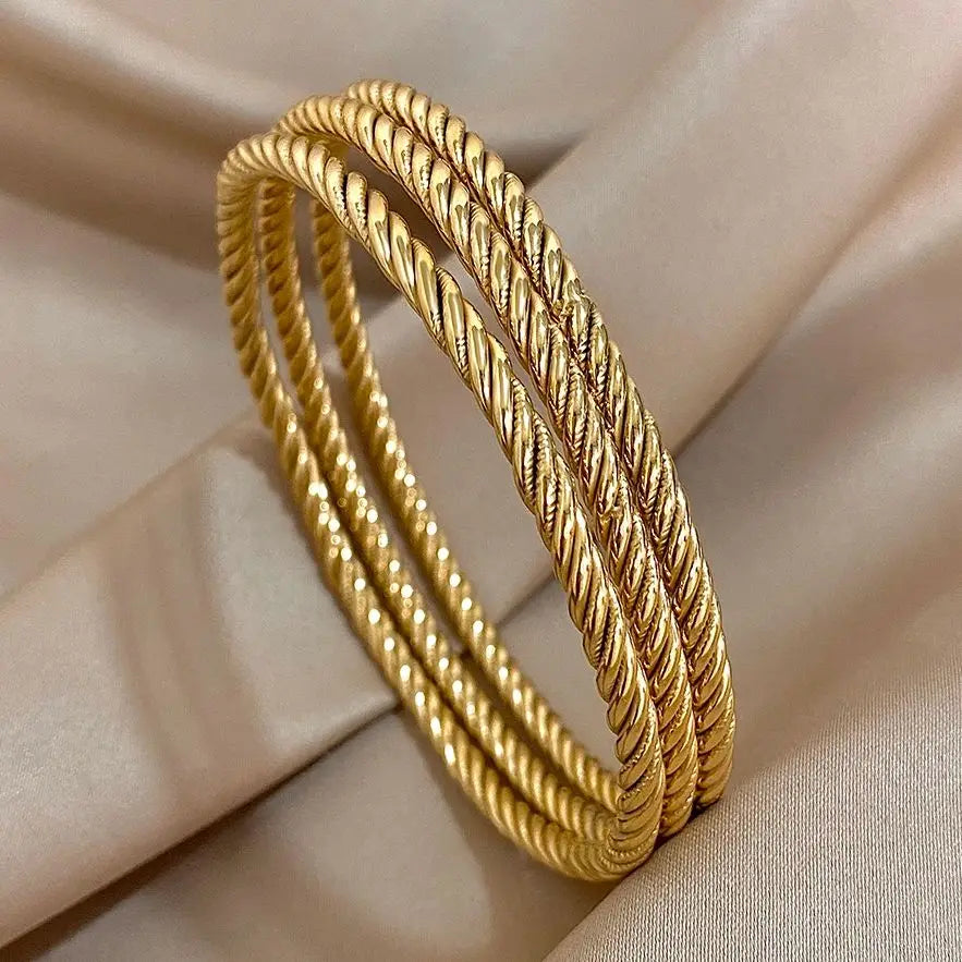 3pcs 18K Gold Plated Stainless Steel Bangle Bracelet for Women Trendy Chic Twisted Stacked Wrist Bracelets Waterproof Jewelry