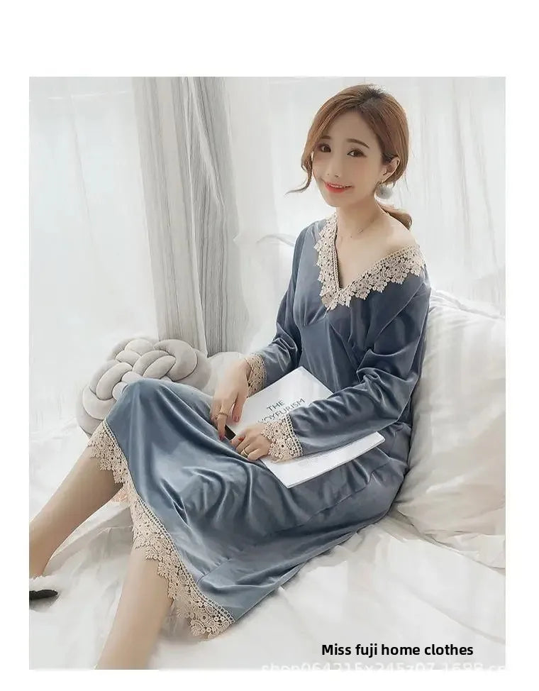 Plus Size 5XL Sleep Dress Women Winter Long Sleeve Sexy Luxury Velvet Spring Autumn Winter Style Korean Version Velvet Nightgown