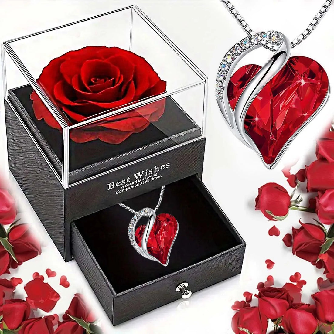 New Hot Selling Valentine's Day Gift Ocean Heart Love Necklace with Eternal Rose Jewelry Box For Girl Mother's Day Gifts red set 9x15cm