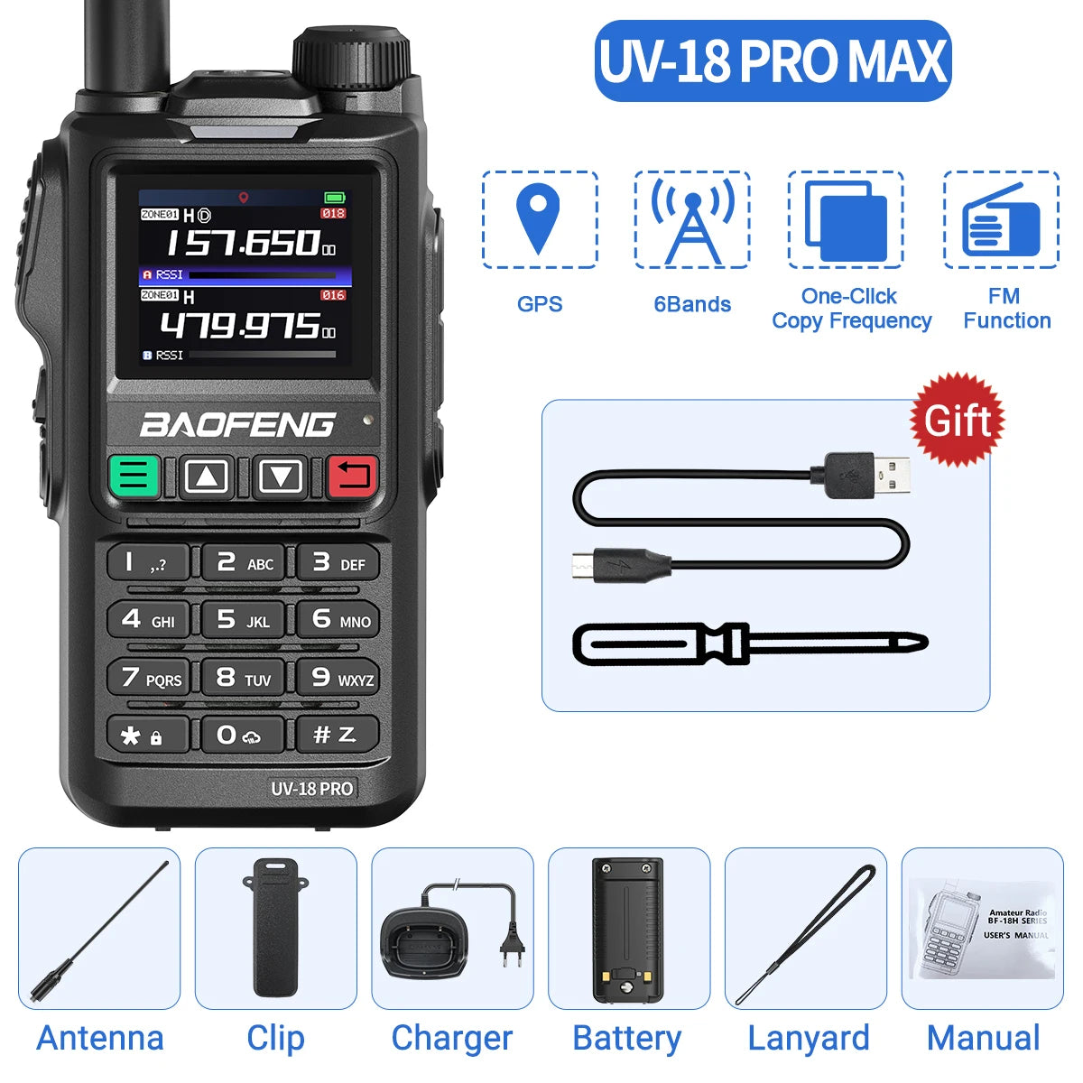 Baofeng UV18 PRO MAX GPS Walkie Talkie, 10W, Long Range, Type-C, Six-Band, Wireless Frequency, Ham Radio for Hunting - Dicrodelights