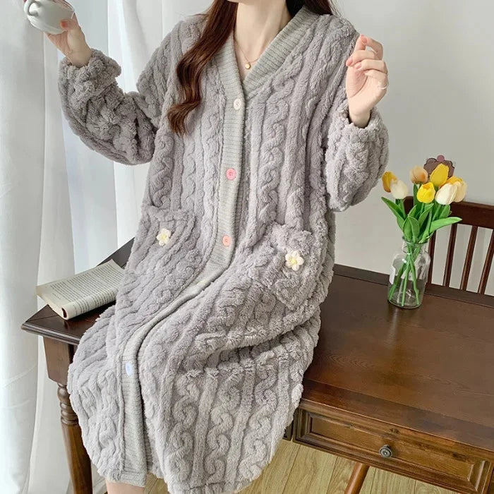 Thickened Flannel Sleepwear V-neck Home Clothes Women's Coral Fleece Robe Autumn Winter Patterned Fresh Flower Nightgown 8807 Gray