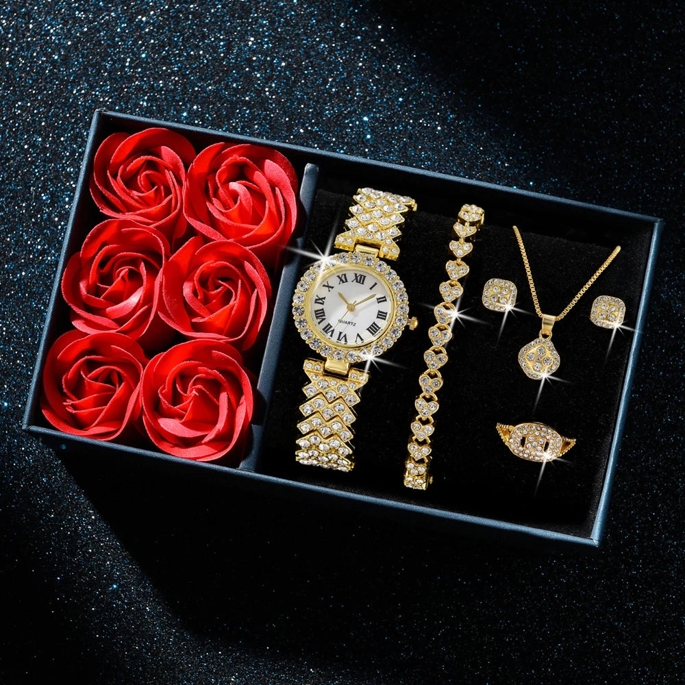Fashion Luxury Women Gold Watch Bracelet Necklace 6Pcs Set Ladies Diamond Quartz Wristwatch Valentine's Day Mother's Day Gift Gold