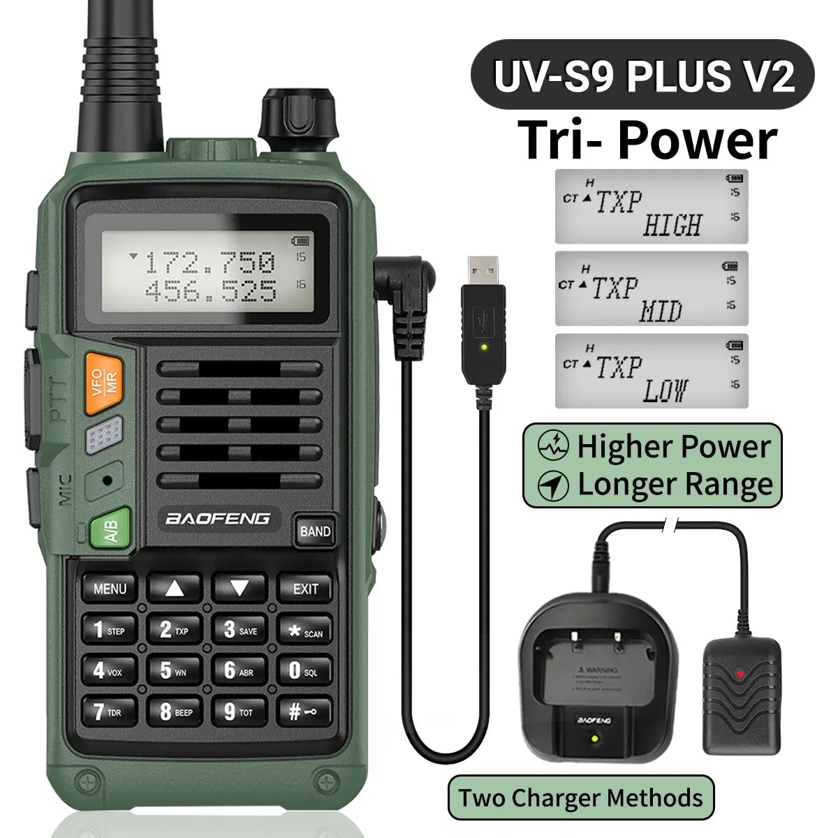 BAOFENG UV-S9 Plus V2 10W Walkie Talkie - 16 KM Long Range, Dual Band Transceiver with USB Charger, Waterproof - Dicrodelights