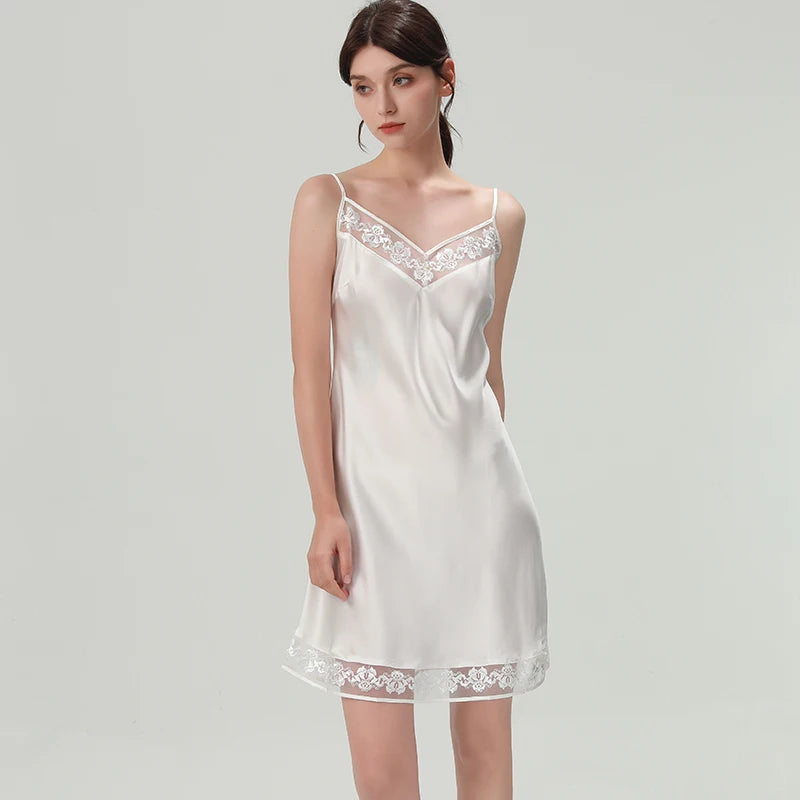 FIMTAIRAH 100% Silk Pajamas Women's Summer Nightgown Dress Summer Home Wear Lace Fimtairah 01