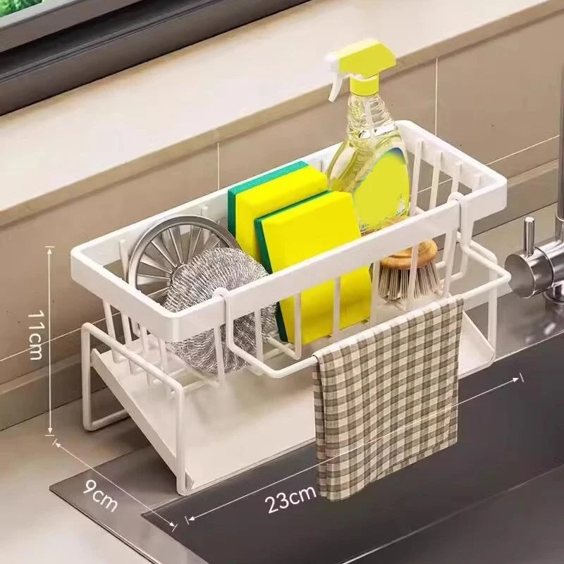 Sink Caddy with Sloping Drainage Tray and Dishcloth Rail White Plastic