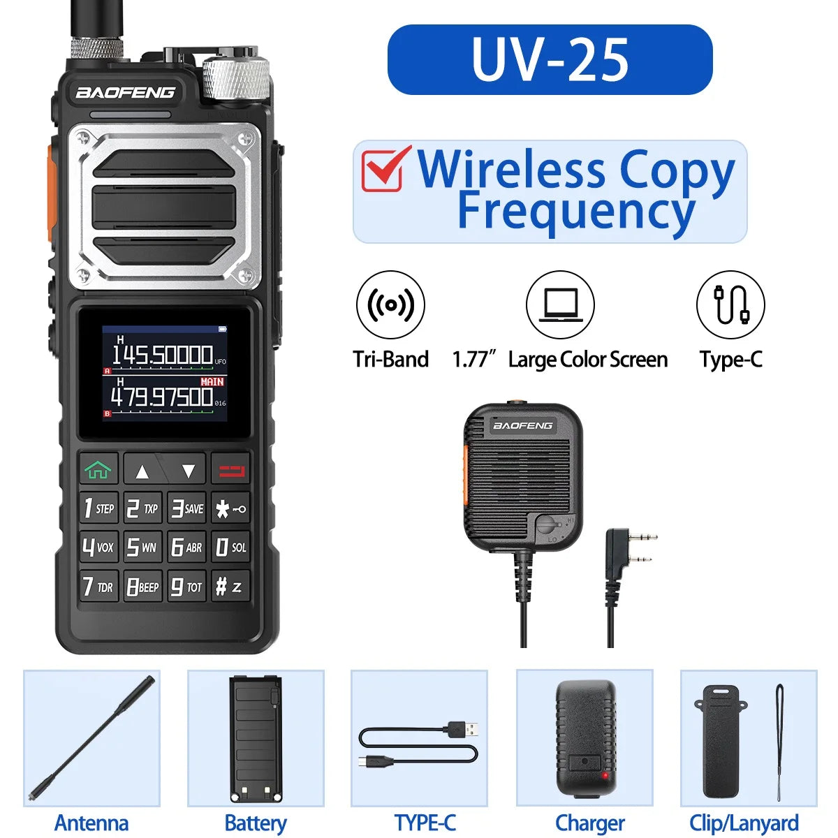 Baofeng UV-25 Air Band Walkie Talkie – Long Range UHF/VHF, Type-C Charging, 999CH, Wireless Frequency Copy, NOAA, Ham Radio - Dicrodelights