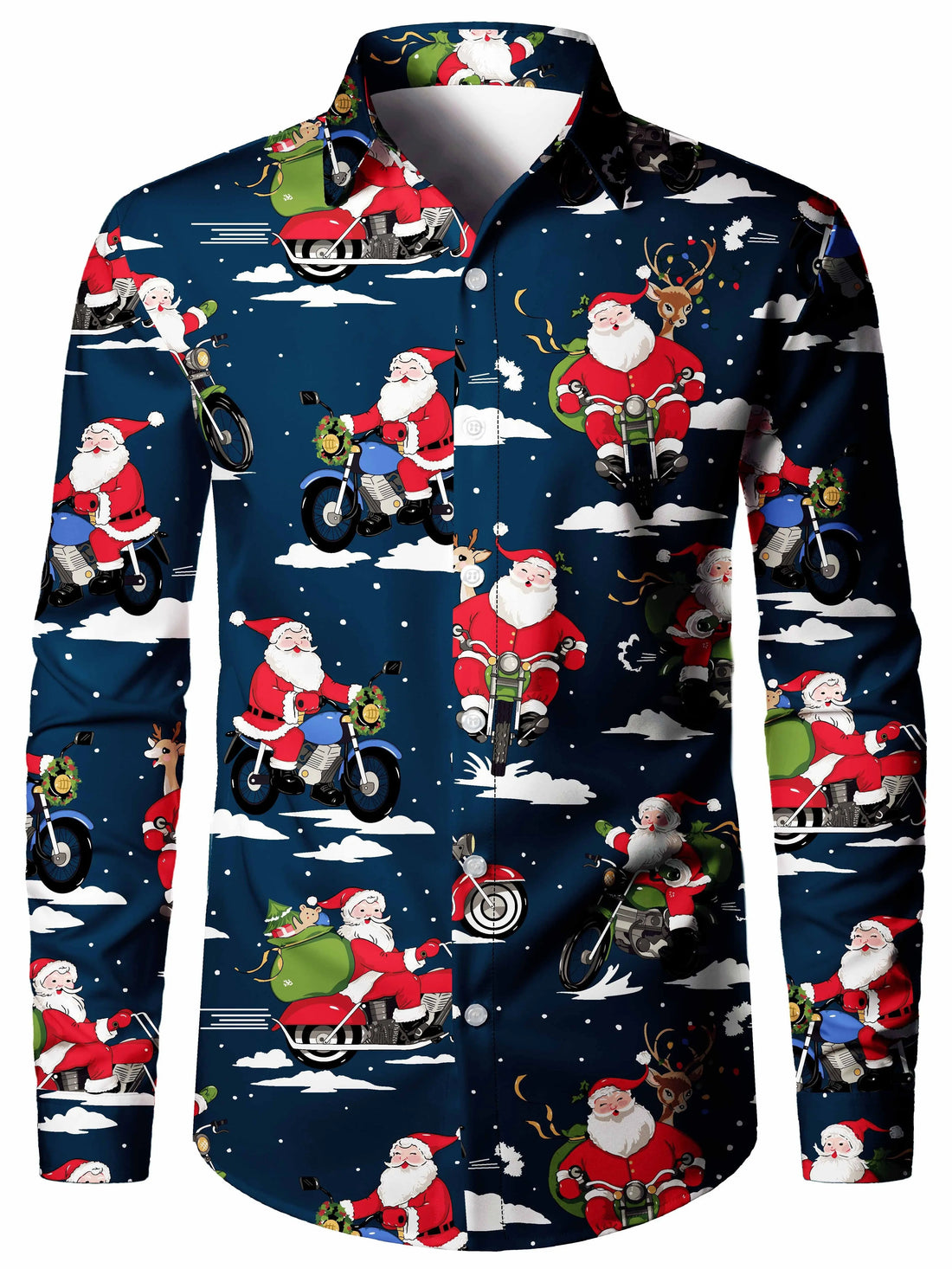 Men’s Christmas tailcoat print long-sleeve shirt featuring festive graphics and a fake suit design, perfect for holiday parties and seasonal outfits.