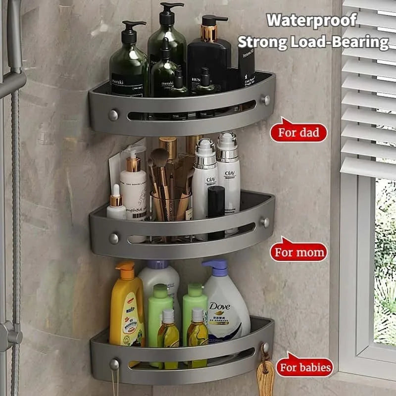 Black Adhesive Corner Shower Caddy with Drainage and Hooks 3pcs