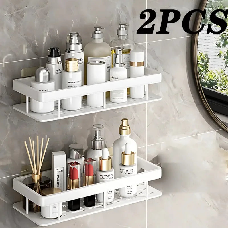 2PCS Bathroom Shelf Kitchen Storage Organizer Aluminum Alloy Shampoo Rack Shower Shelf Bathroom Accessories No Drill Shelf StyleA-White-2PCS