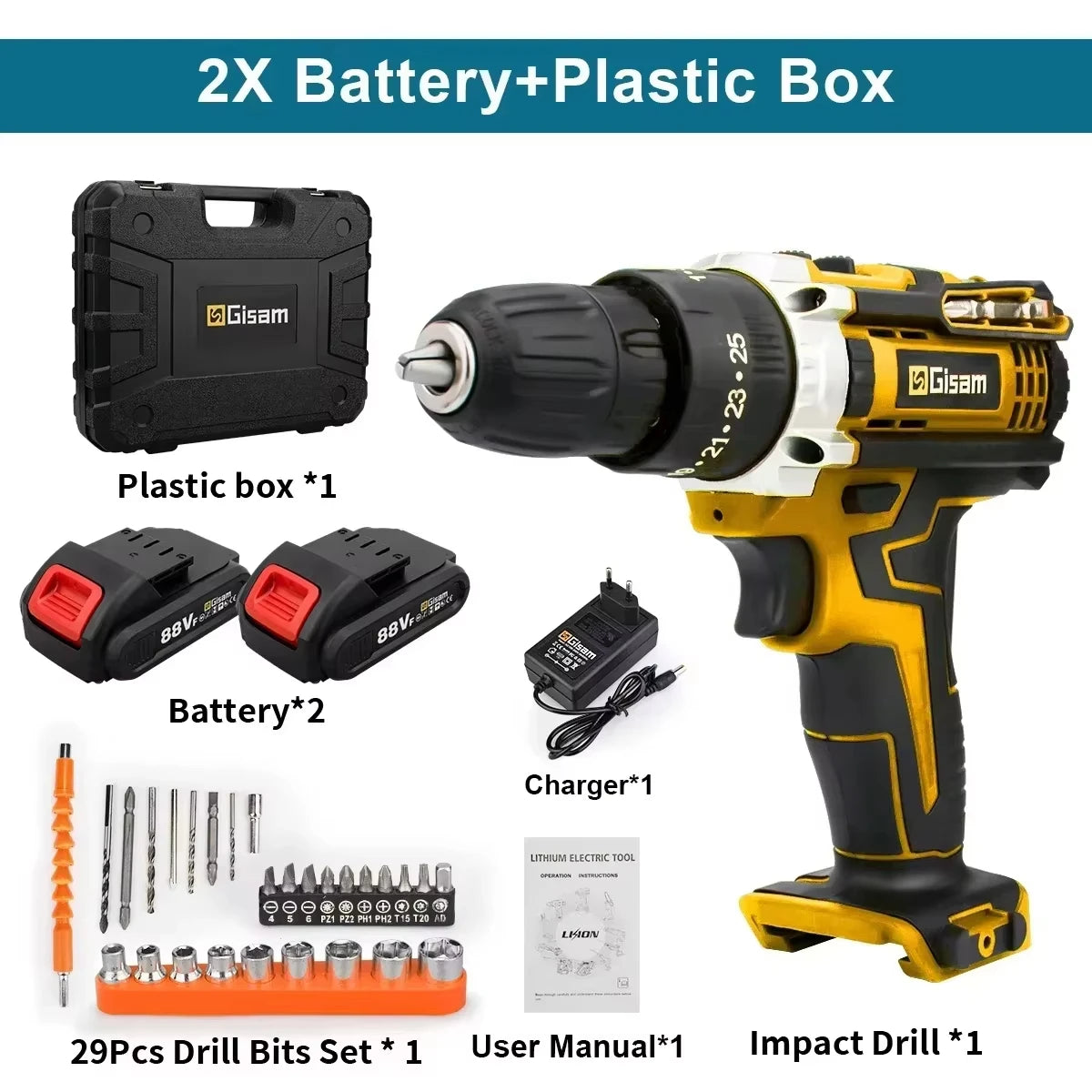 Gisam 25+3 Torque Electric Impact Screwdriver Multifunctional Cordless Drill Power Tool Setting 2 Gear Speed with 2 Batteries 2 Battery Set B