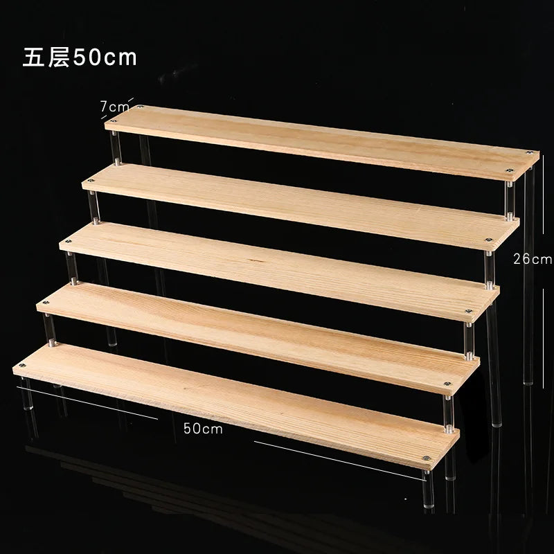 Tiered Display Stand for Figures with Clear or Wood Effect Shelves 5 tier 50x7cm