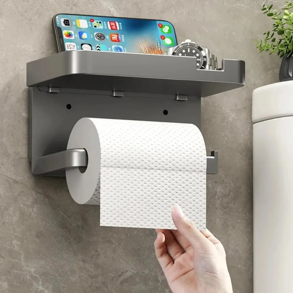 Plastic Adhesive Toilet Roll Holder with Phone Storage Shelf